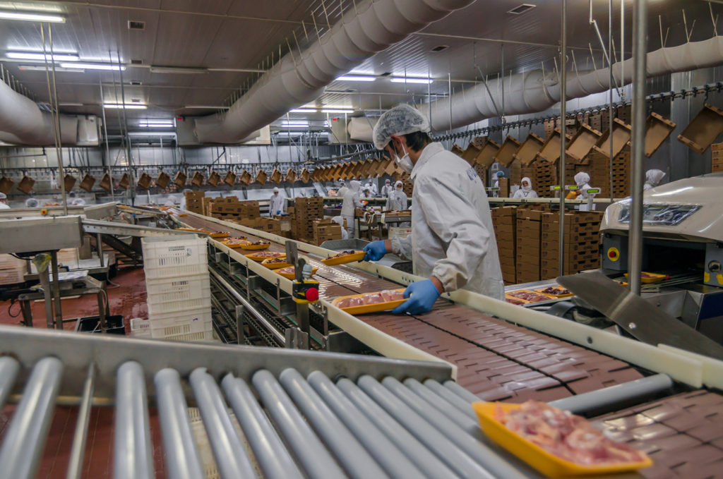 man pushing packets of meat on a conveyor belt