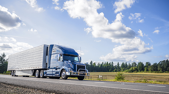 truck driving on a road next to a field with trees